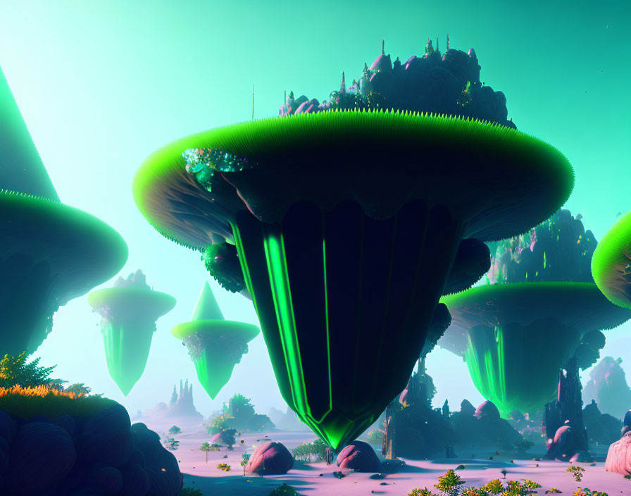 Gigantic green-topped mushroom-like structures in surreal landscape