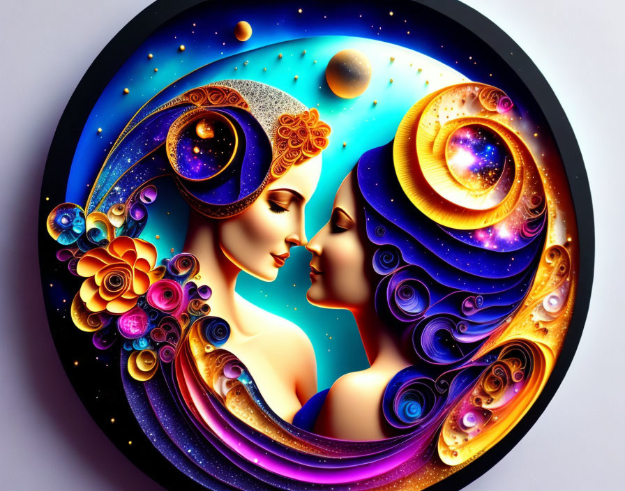 Vibrant dual profile portrait with cosmic and floral motifs