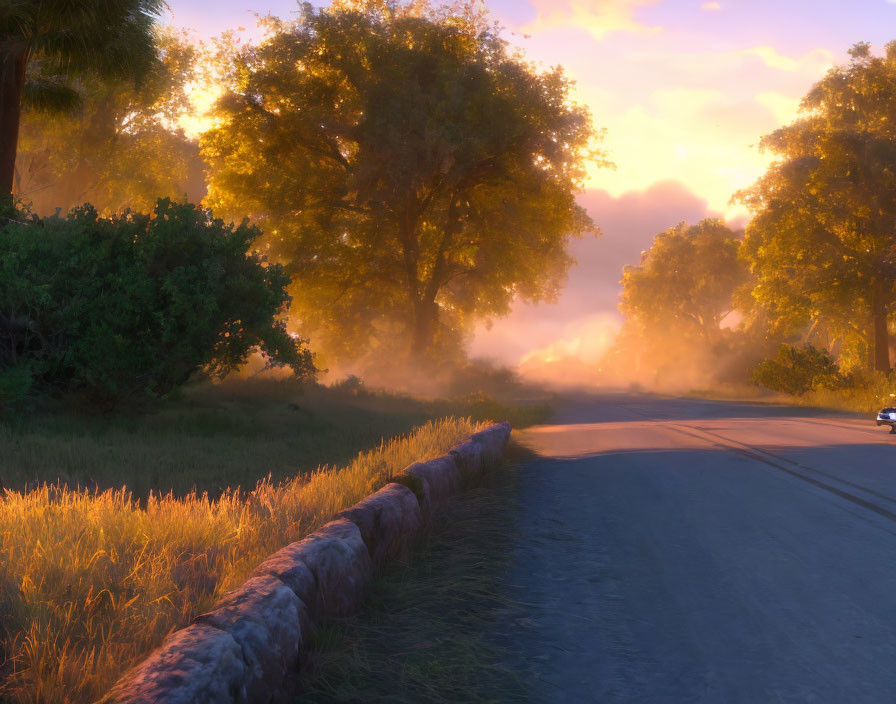 Scenic sunset view of winding road with trees and stone fence