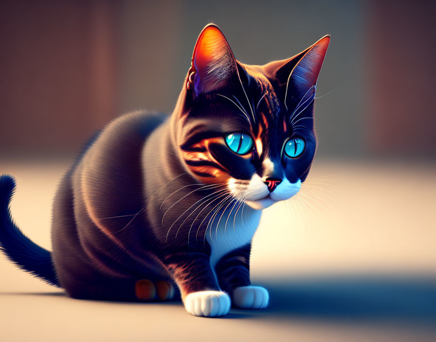 Stylized digital illustration of a cat with expressive blue eyes and striped fur