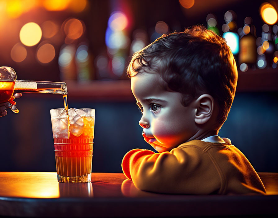 Child observing colorful drink being poured at bar counter