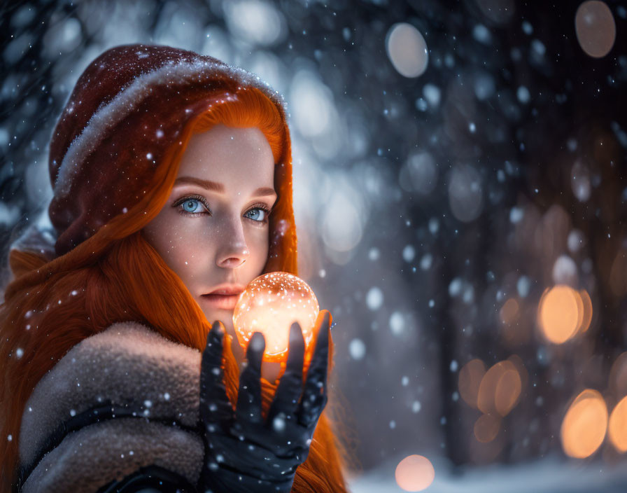 Red-haired woman holding glowing sphere in snowy forest at twilight