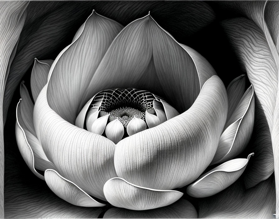 Abstract grayscale digital art: intricate lotus flower with textures & patterns