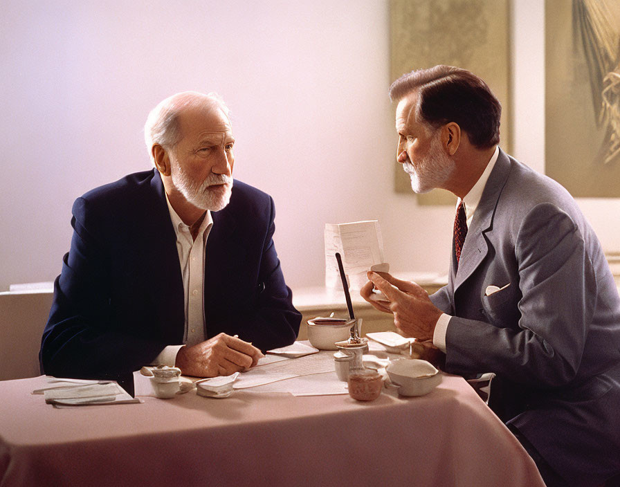 Two Men in Suits Seated at Table with Tea Cups Reading Document Indoors