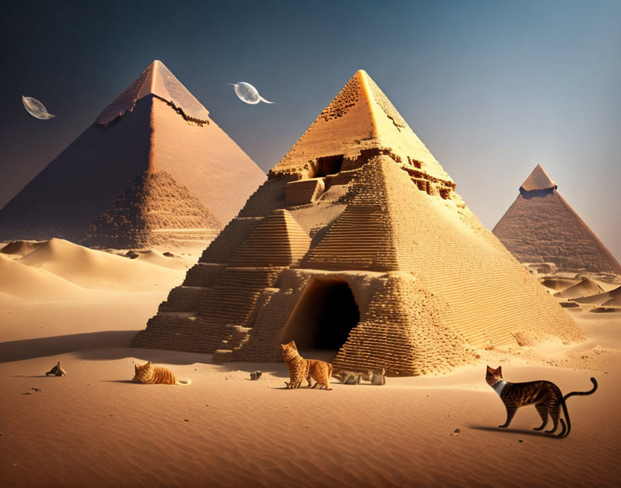 Three pyramids in desert with two moons, three cats on sand