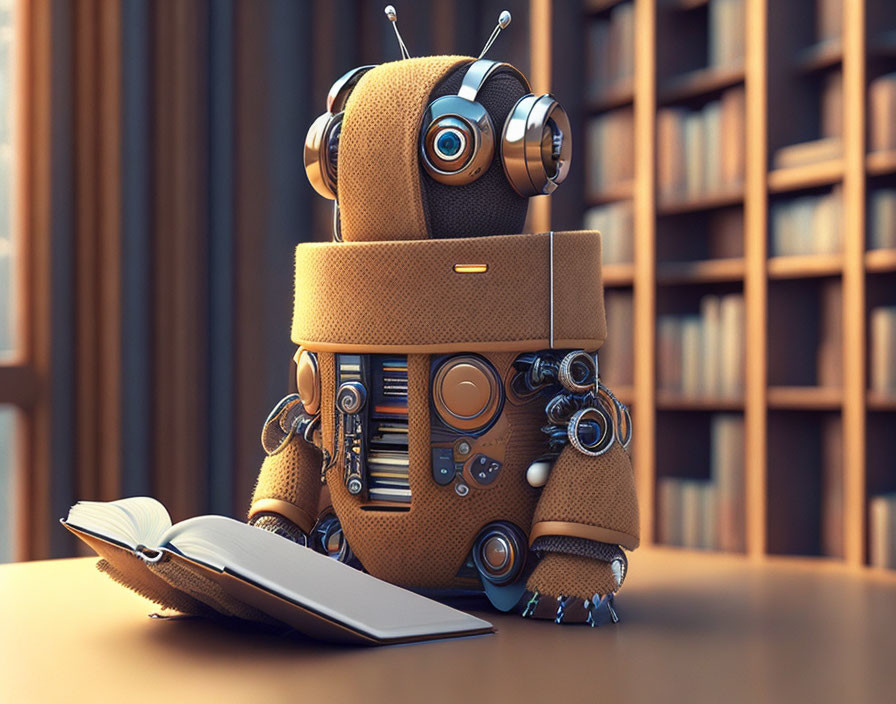 Robot in cozy sweater reading book in library setting