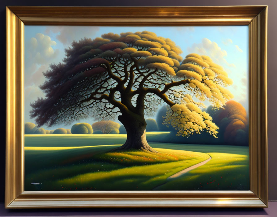 Framed painting of vibrant landscape with solitary tree and golden foliage