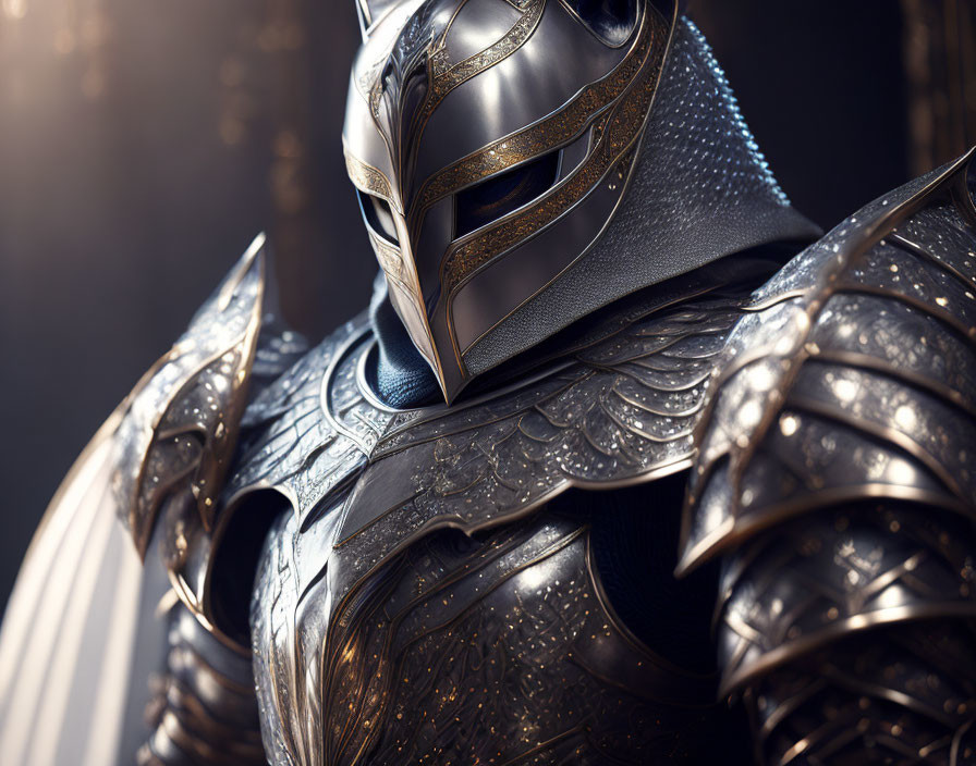 Medieval knight in ornate armor against fantasy backdrop