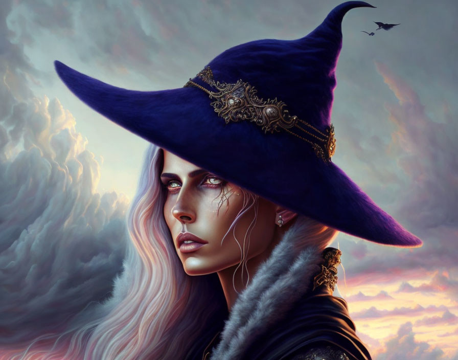 Digital Art: Woman in Purple Witch Hat with Piercing Eyes