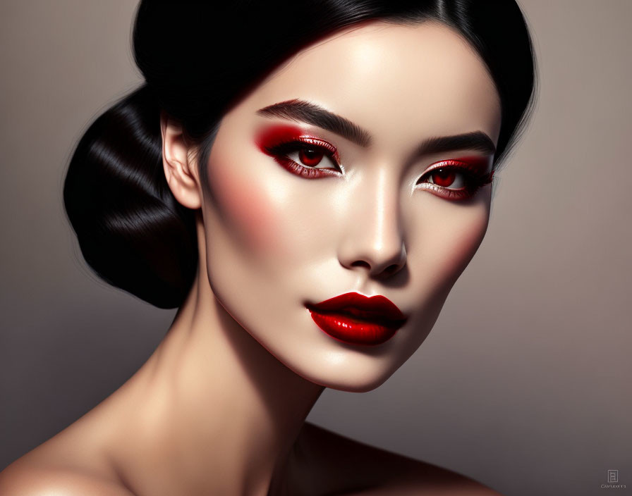 Portrait of Woman with Striking Red Makeup on Neutral Background