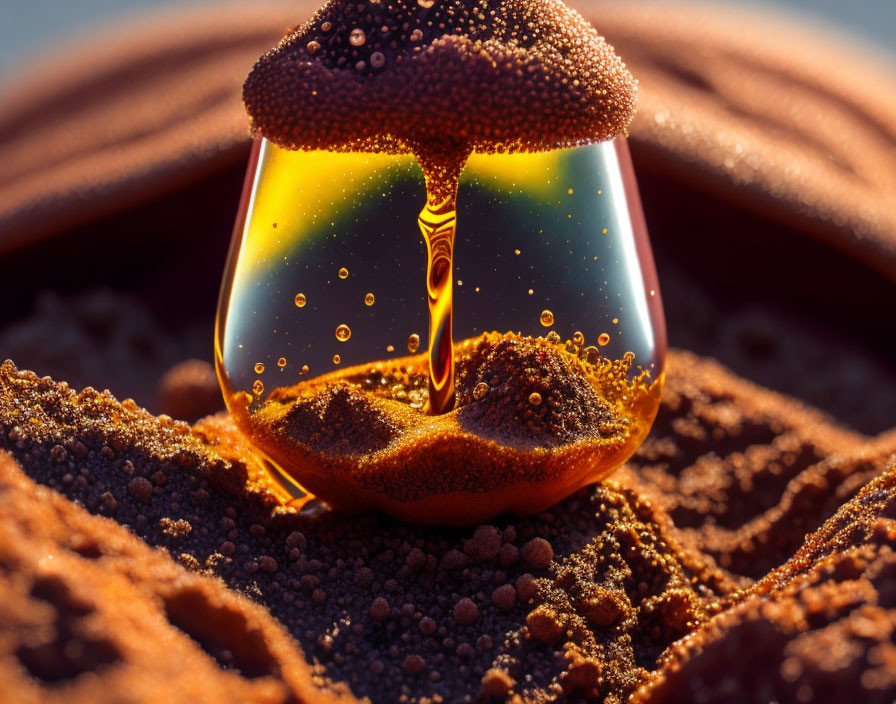 Hourglass with trickling sand on sandy surface against blurred background.