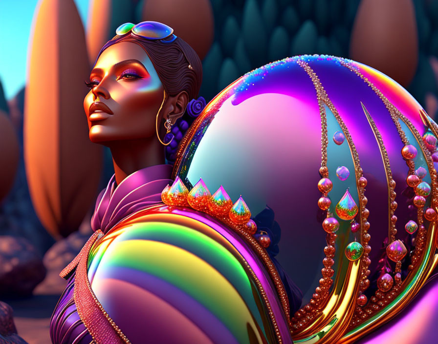 Vibrant digital artwork of a futuristic woman in colorful attire