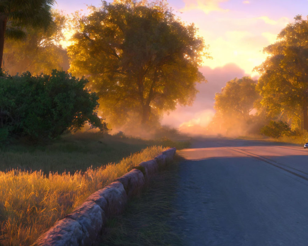 Scenic sunset view of winding road with trees and stone fence