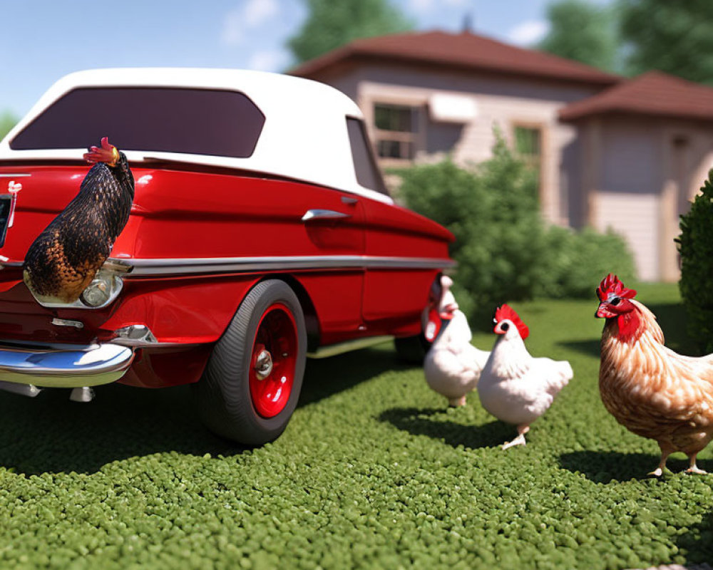 Three chickens on red and white car in front of house