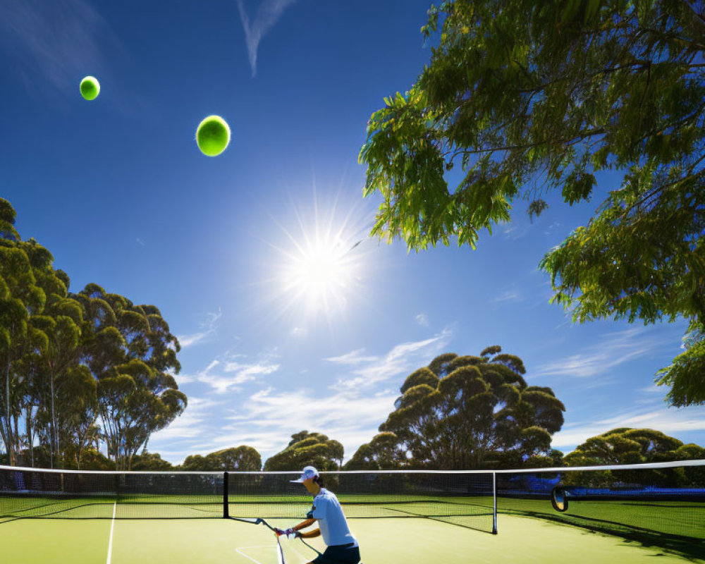 Tennis player in blue outfit hitting forehand on outdoor court