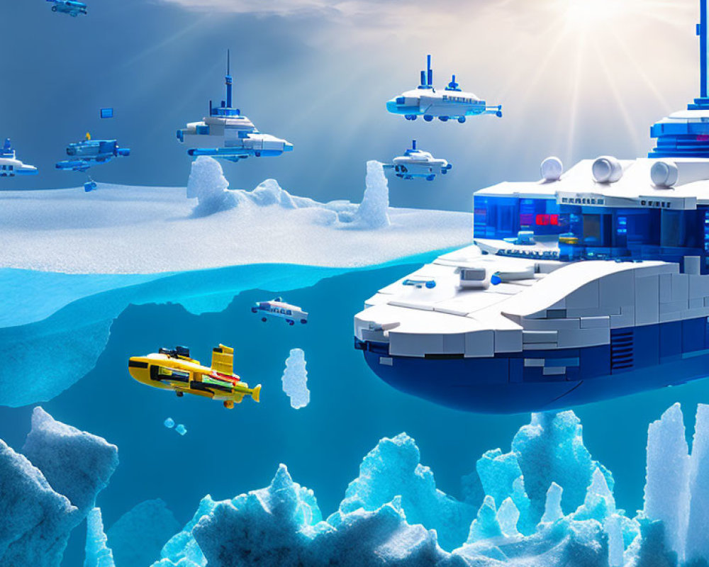 Advanced submarines and vessels in futuristic polar city