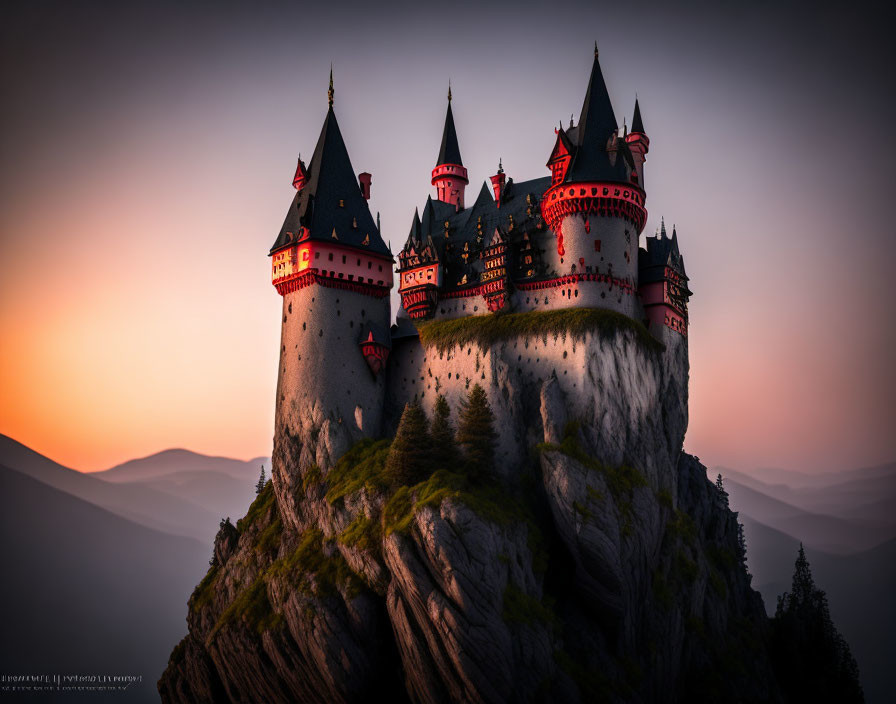 Majestic fairytale castle on steep rock at sunset with hazy mountains