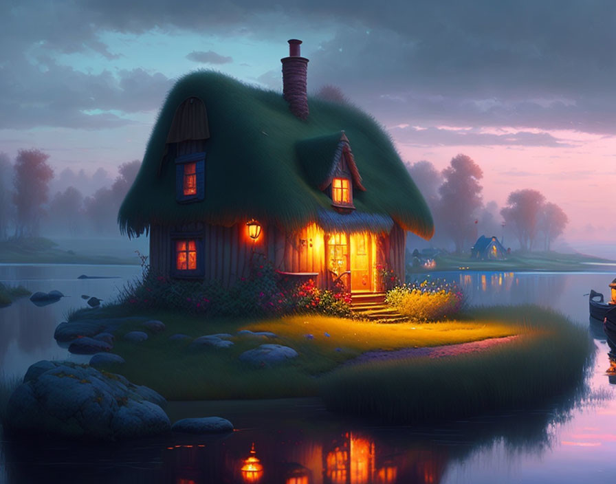 Thatched-Roof Cottage on Grassy Island at Twilight