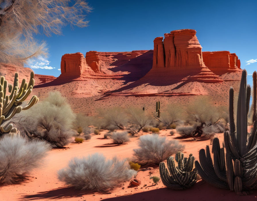 Red rock formations and cacti in desert landscape.