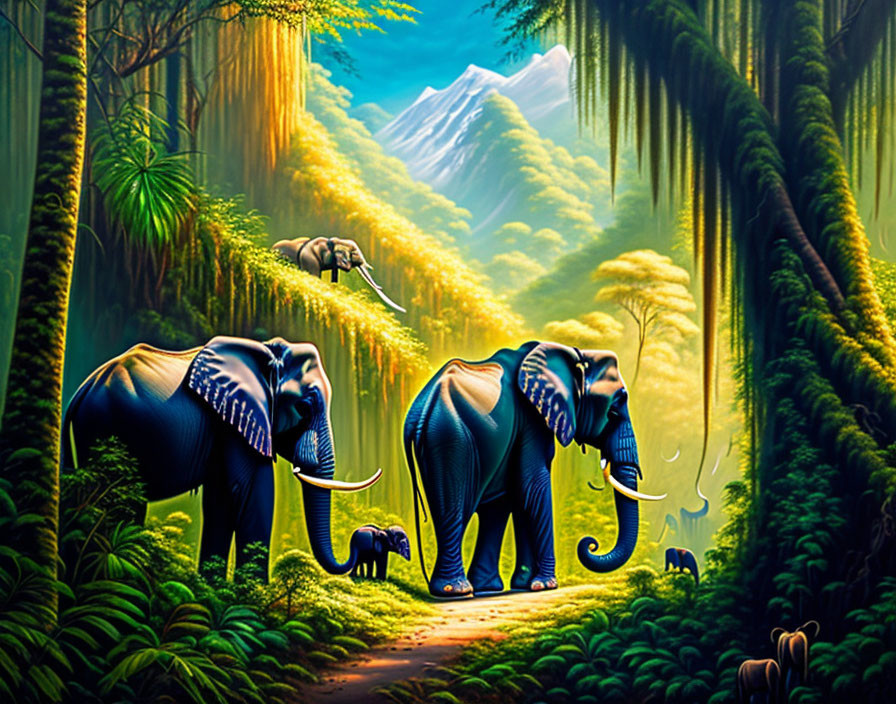 Vibrant digital art: Three elephants in lush jungle with towering trees, sunlight, and distant mountain