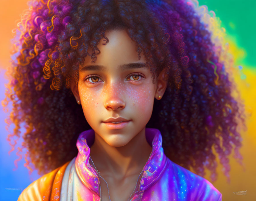 Young girl portrait with curly hair and colorful jacket on warm gradient background