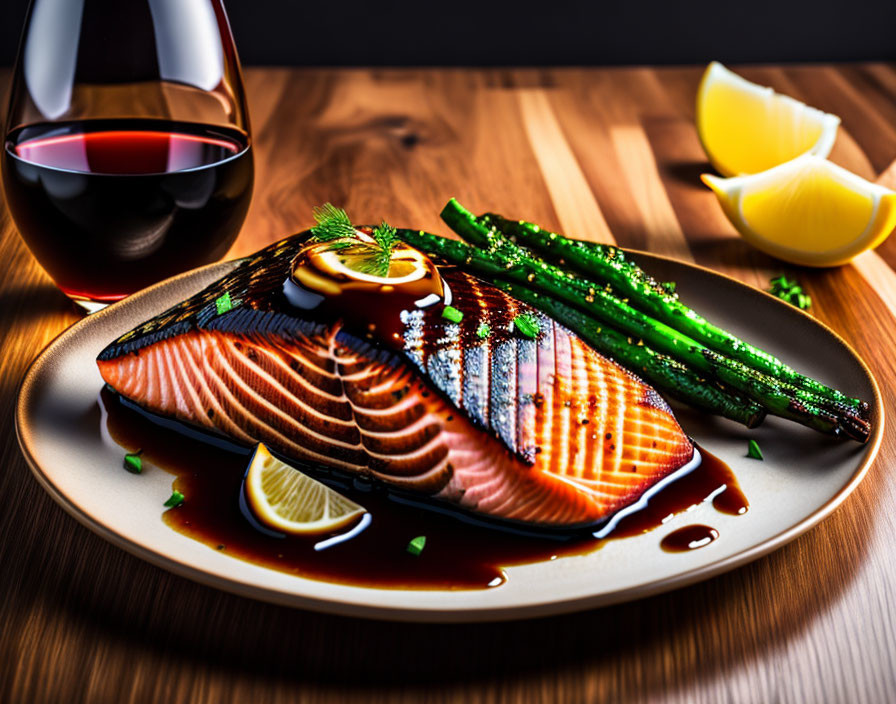 Grilled Salmon Fillet and Asparagus Plate with Lemon and Herbs, Red Wine Glass