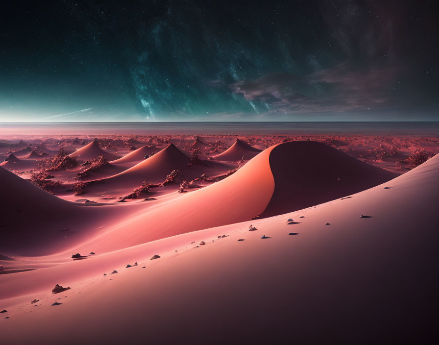 Twilight desert landscape with starry sky and sand dunes