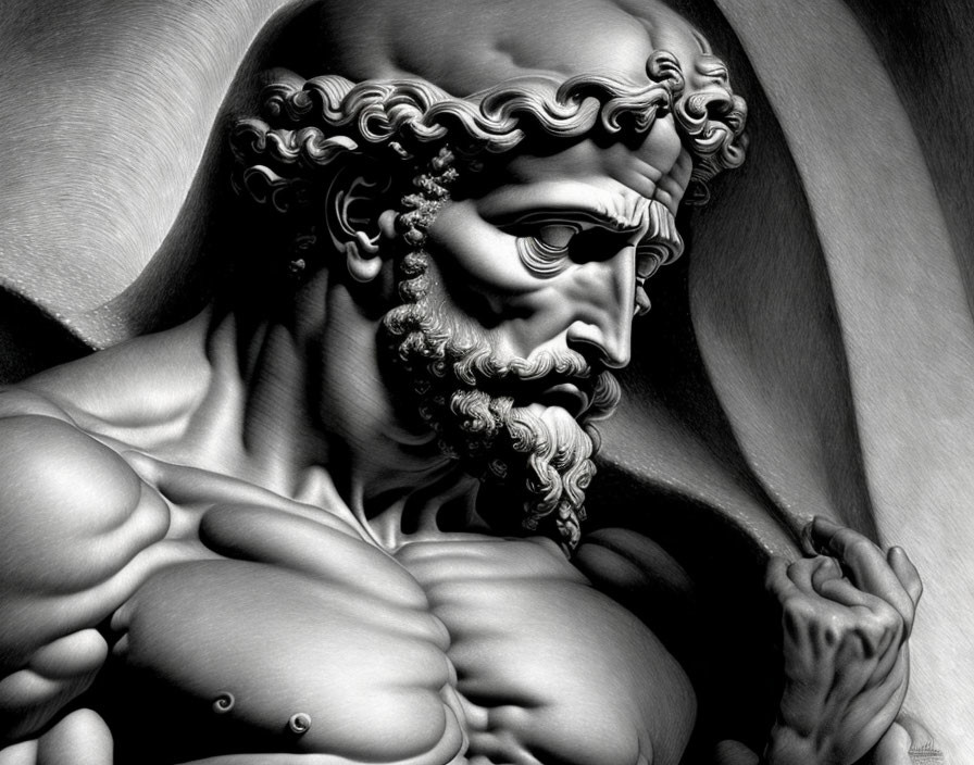 Monochrome hyperrealistic drawing of a bearded, muscular figure in classical Greek style