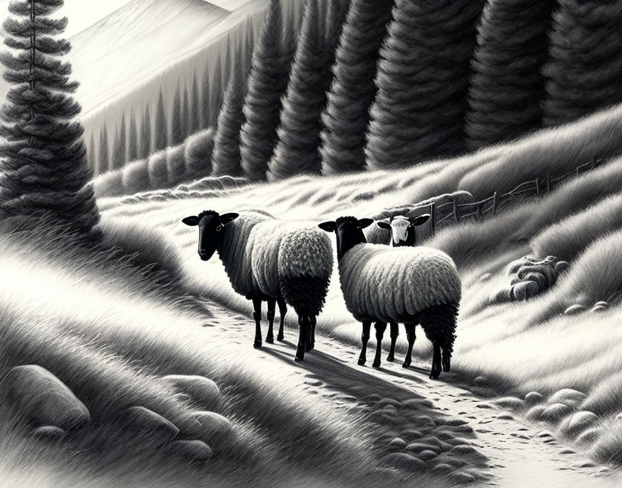 Monochrome winter landscape with three sheep on snowy path