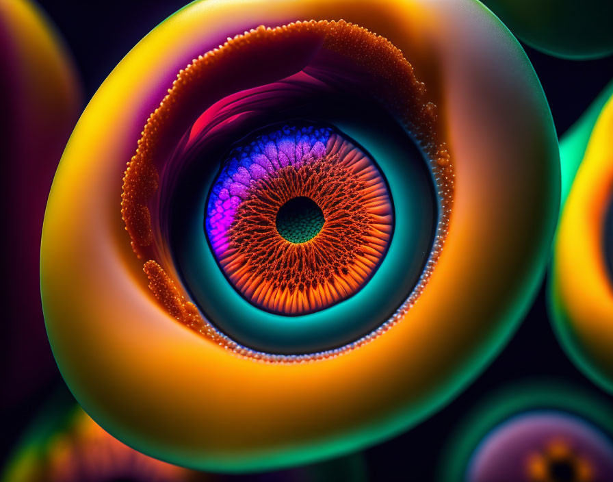 Colorful Iris-Like Macro Structure with Eye Patterns on Dark Background