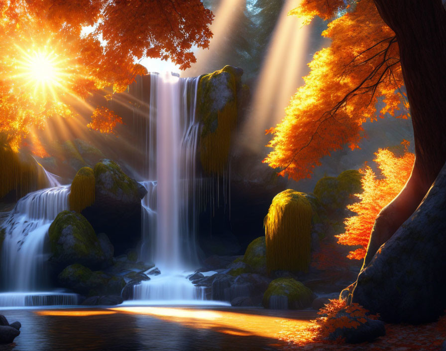 Tranquil waterfall scene with autumn foliage and sunbeams