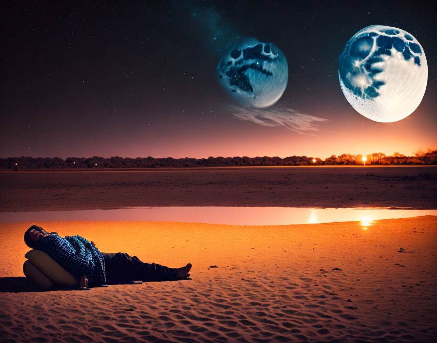 Person stargazing at night under two moons in surreal desert landscape