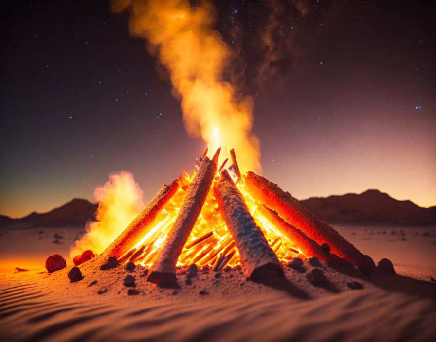 Bright campfire under starry desert sky: embers, flames, mountains.