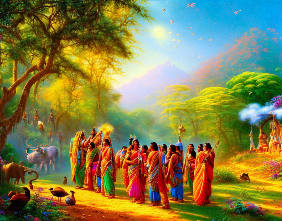 Colorful forest scene with women, peacock, animals, and birds.