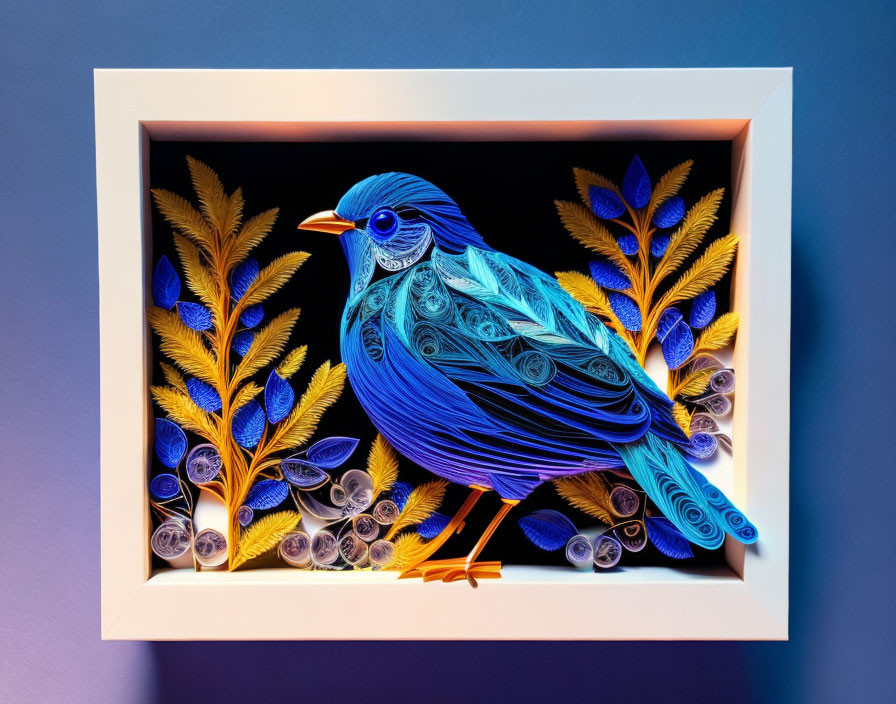 Colorful Paper Quilling Artwork: Blue Bird with Intricate Patterns and Scrollwork Foliage