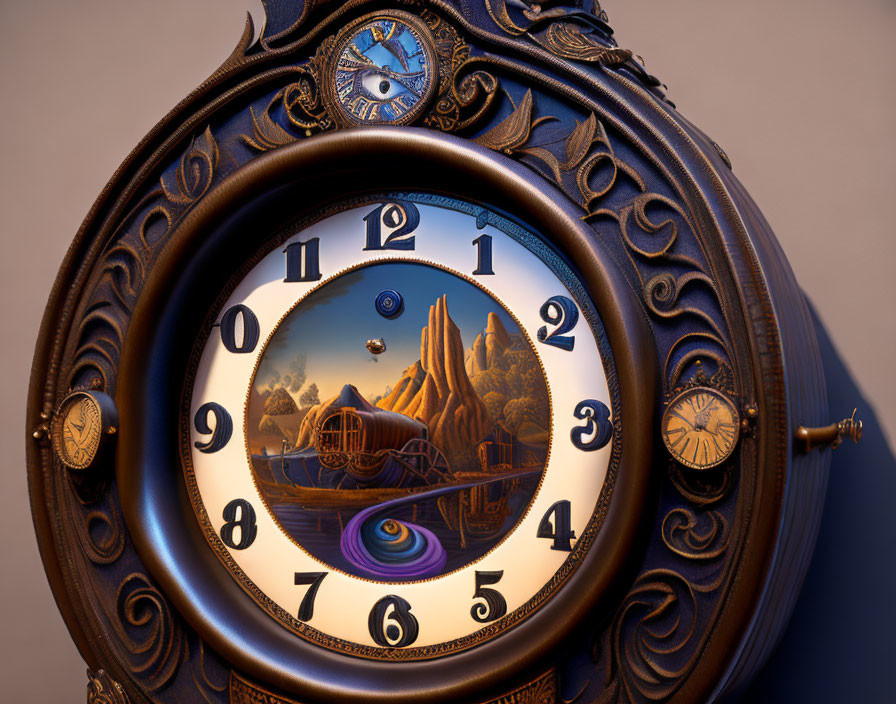 Detailed Fantasy Landscape Antique Clock with Whimsical Structures