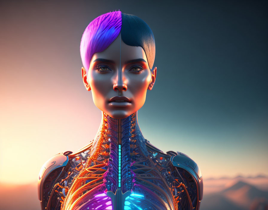 Multicolored bob haircut on female android with visible mechanical parts against sunset.