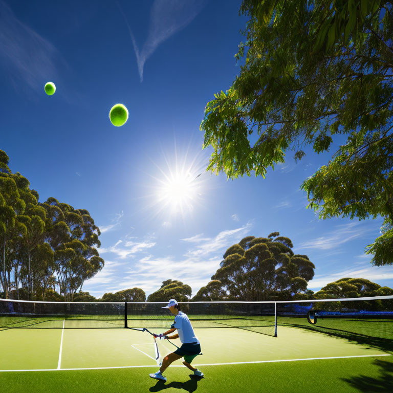 Tennis player in blue outfit hitting forehand on outdoor court