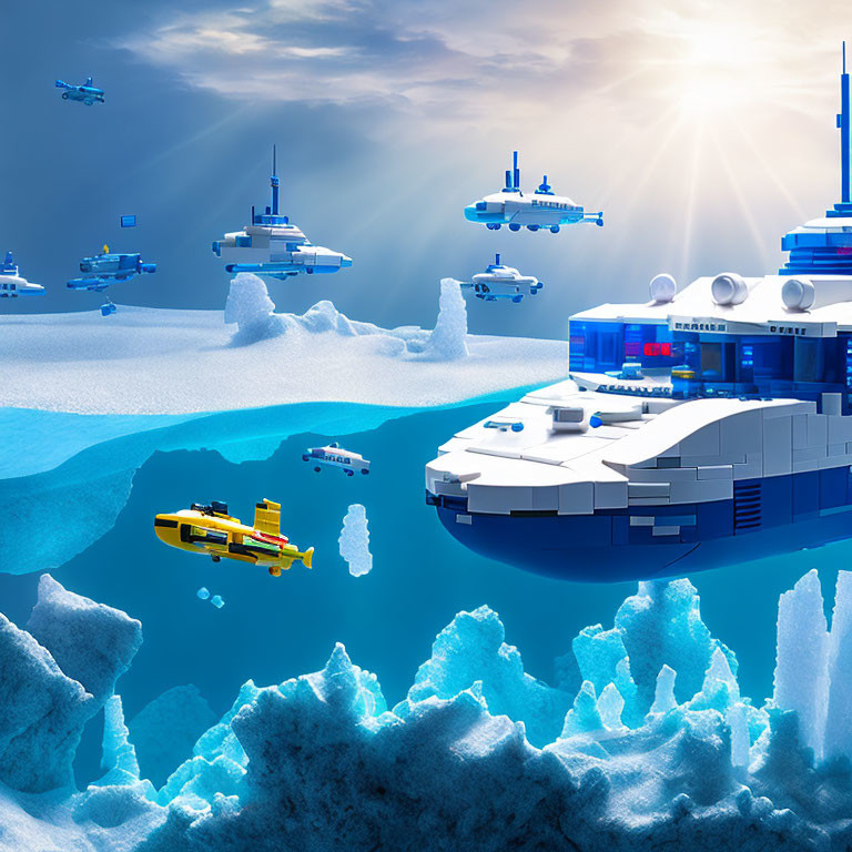 Advanced submarines and vessels in futuristic polar city