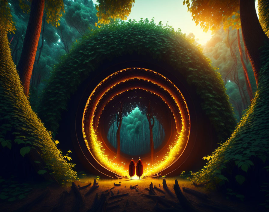 Fantastical forest scene with glowing portal and two figures