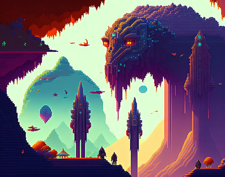 Colorful Pixel Art Landscape with Lion-Like Mountain, Futuristic Towers, and Floating Islands