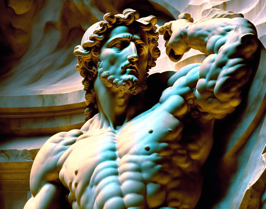 Detailed close-up of David statue's chiseled features, curly hair, and muscular torso.