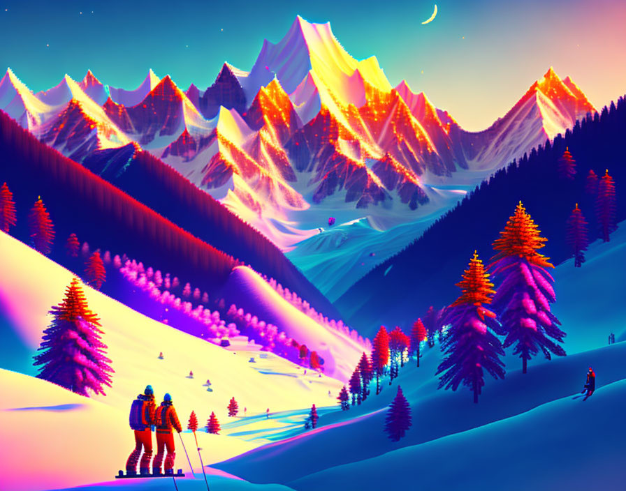 Neon-lit snowy landscape with skiers and glowing mountains