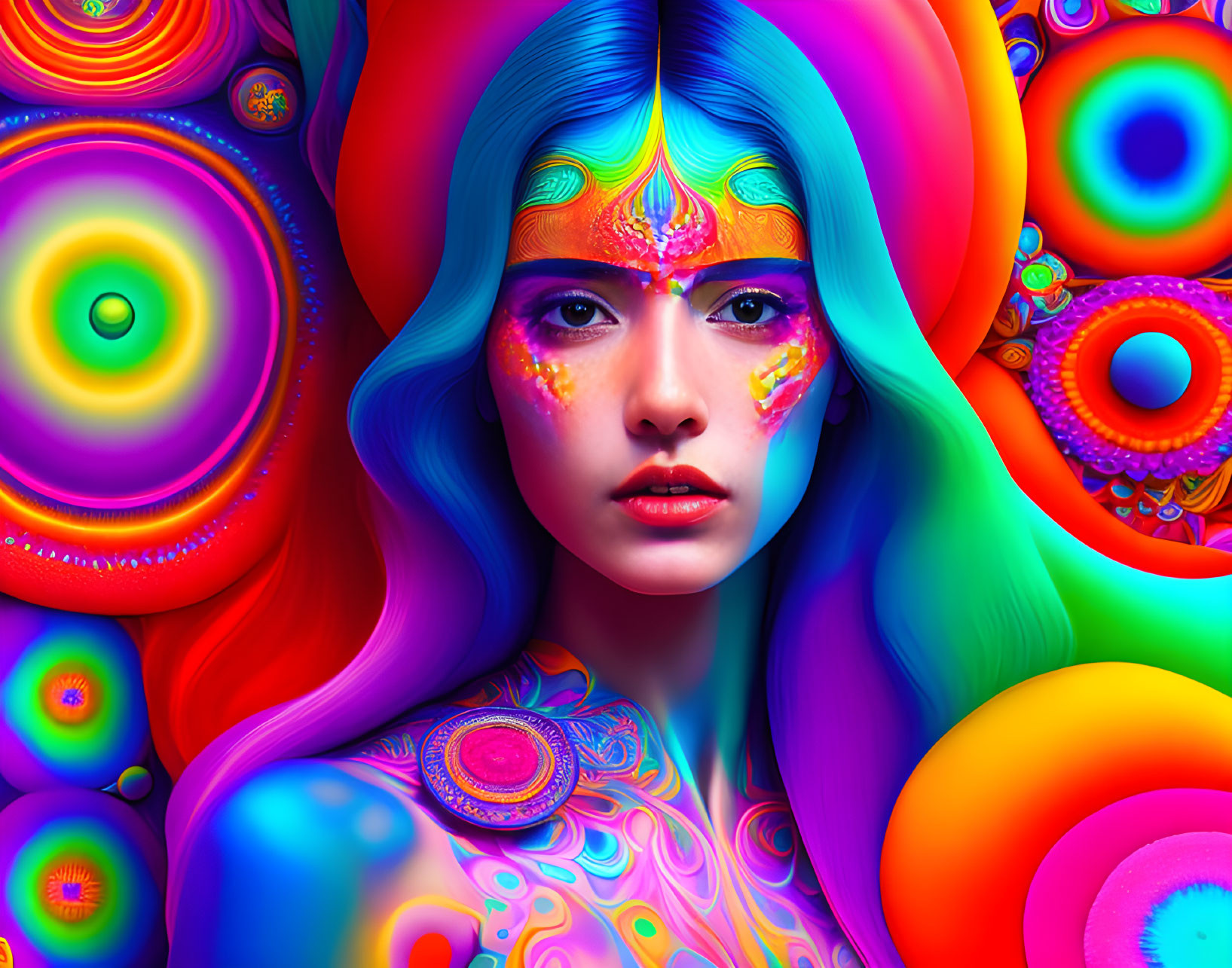 Colorful digital portrait of a woman with multicolored hair and painted skin