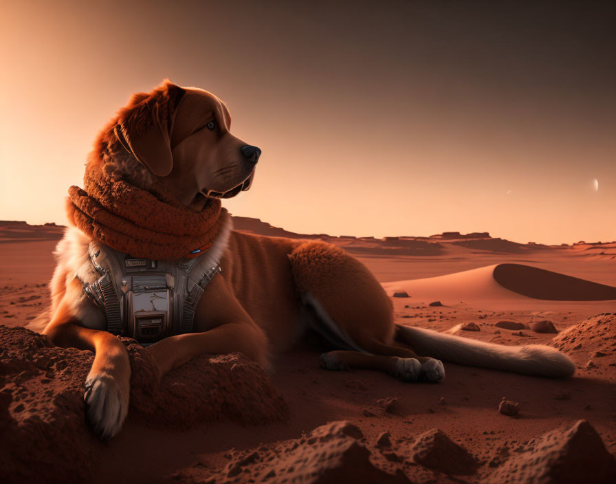 Dog in spacesuit on Mars desert with sunset and two moons.