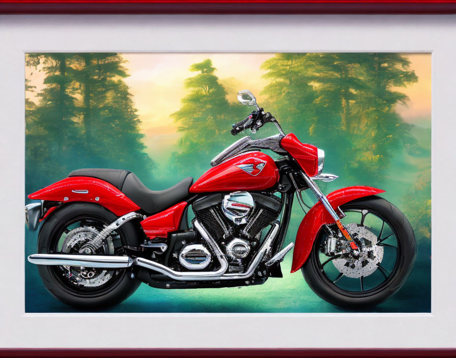 Vibrant red motorcycle with chrome details in forest setting