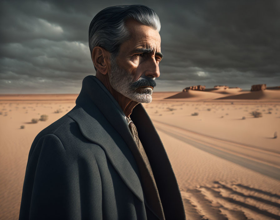 Elderly man with grey hair in coat gazes in desert ruins under cloudy sky