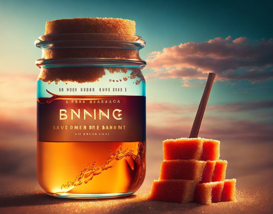 Jar of honey with label and dripping spoon next to stacked honeycomb under sunset sky