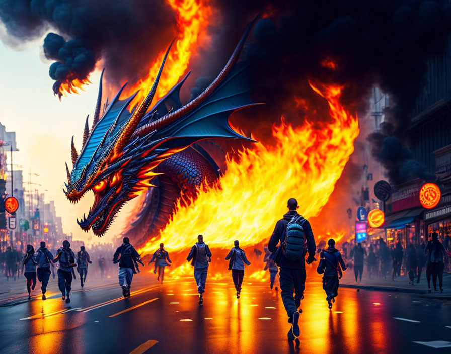 Blue dragon breathing fire in city street with fleeing people amidst smoke and flames