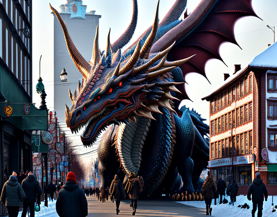 Blue dragon with red accents among people on snow-lined city street